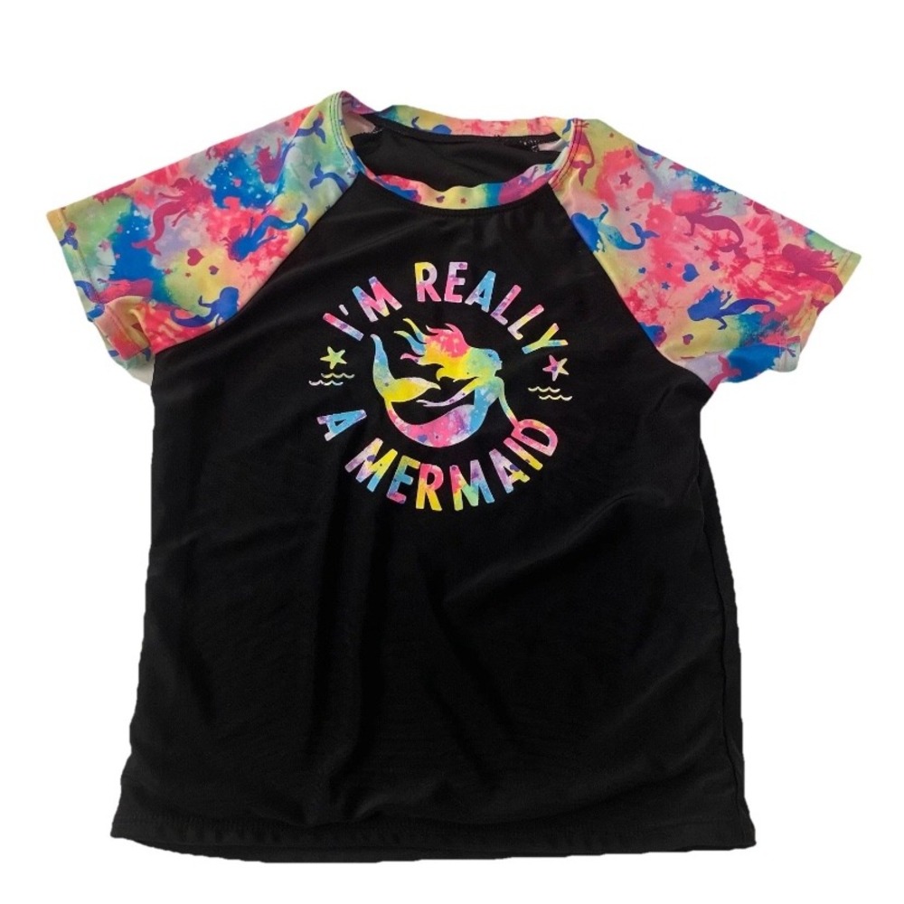 Girls Med (7/8) Wonder Nation Swim Top Black Short Sleeve I'm Really a Mermaid